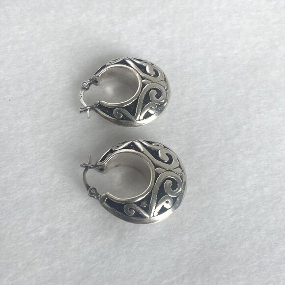 Sterling Silver 925 1" Scrollwork Bali Style Chunky Hoop Earrings Hinged Post - Picture 6 of 16